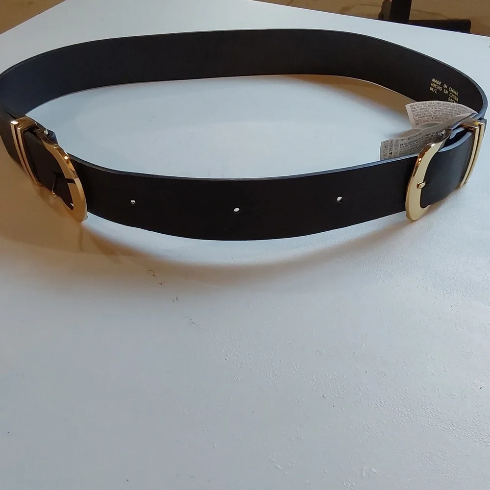 Womens Edgy Black Leather Belt with Double Gold Buckles Adjustable Mod Sz.M/L